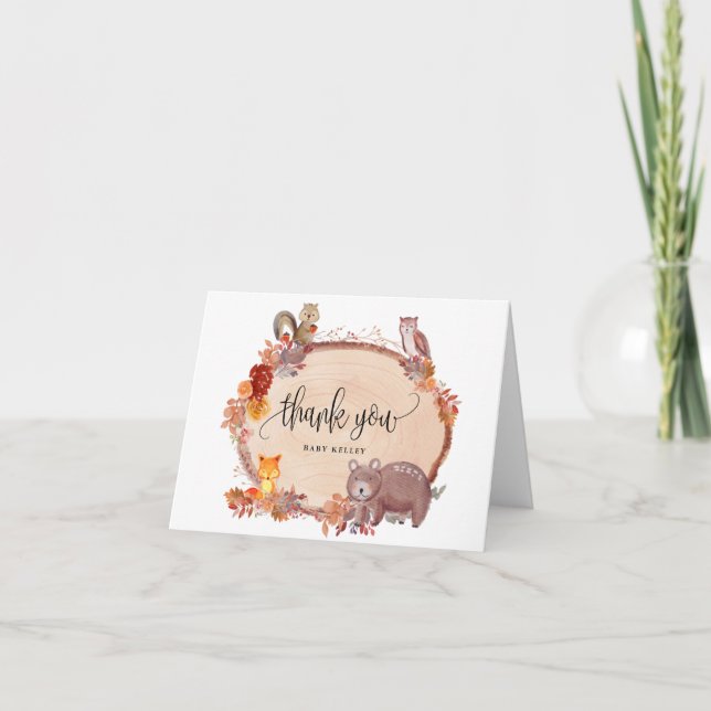 Fall in Love Woodland Animals, Rustic Baby Shower Thank You Card (Front)