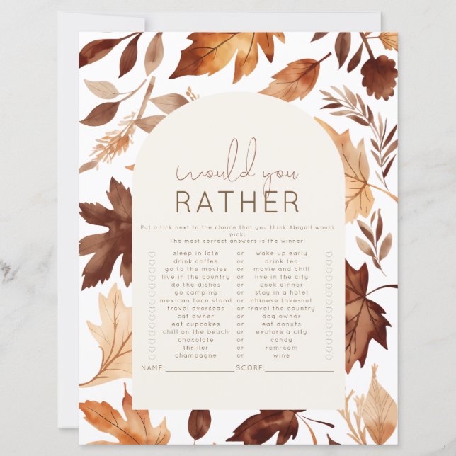 Fall In Love Would She Rather Baby Shower Game (Front)
