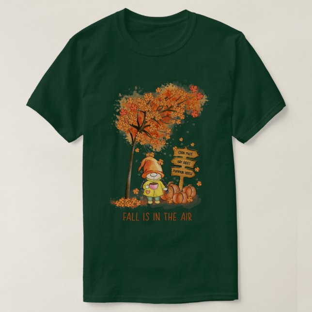 Fall is in the Air Autumn Garden Gnome and Leaves  T-Shirt (Design Front)