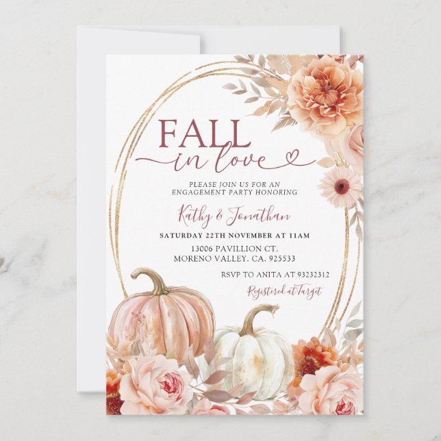 Fall Ivory Beige Floral Pumpkin Engagement Party  Invitation (Front)