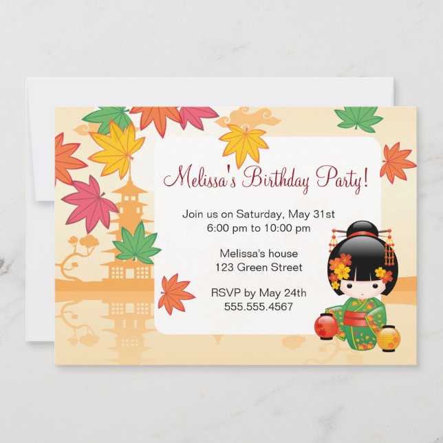Fall Kokeshi Doll - Green Kimono Birthday Party Invitation (Front)