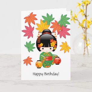 Fall Kokeshi Doll - Green Kimono Geisha Birthday Card