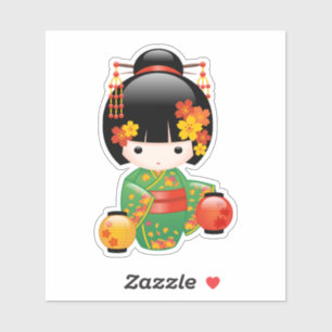 Fall Kokeshi Doll - Green Kimono Geisha Girl