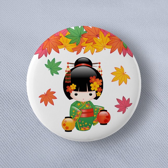 Fall Kokeshi Doll - Green Kimono Geisha Girl 6 Cm Round Badge (Creator Uploaded)