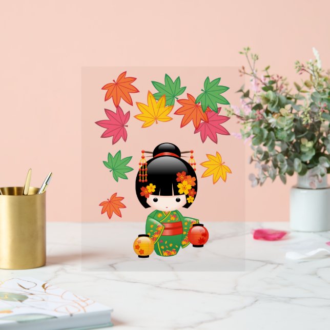 Fall Kokeshi Doll - Green Kimono Geisha Girl Acrylic Sign (Wedding)
