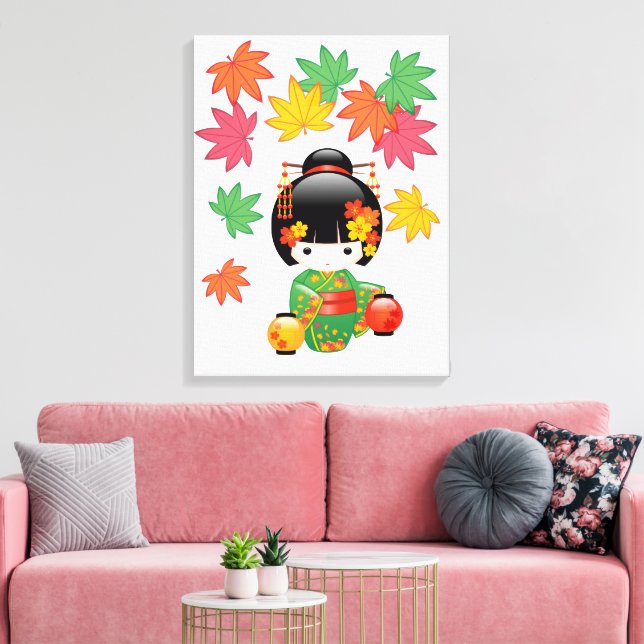 Fall Kokeshi Doll - Green Kimono Geisha Girl Canvas Print (Insitu(LivingRoom))