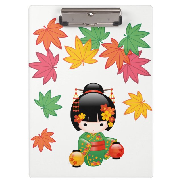 Fall Kokeshi Doll - Green Kimono Geisha Girl Clipboard (Front)