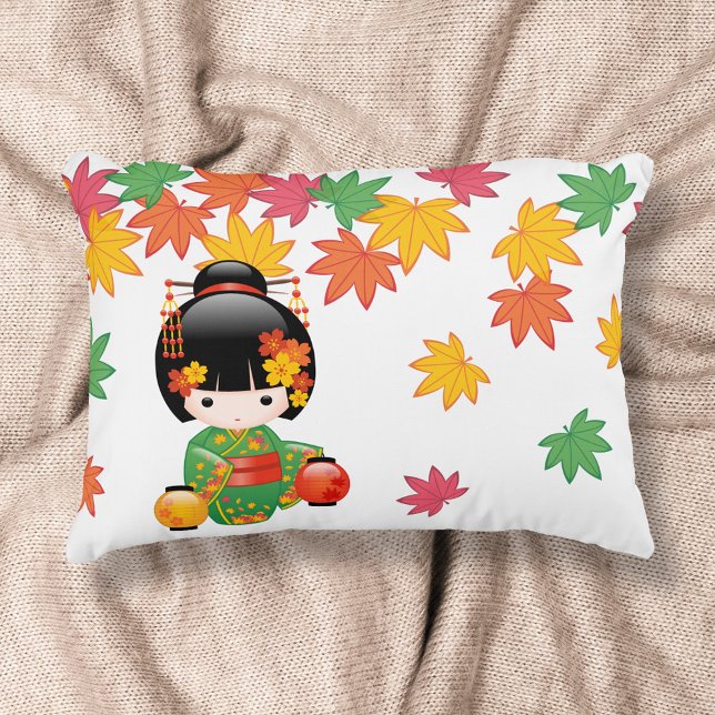 Fall Kokeshi Doll - Green Kimono Geisha Girl Decorative Cushion (Creator Uploaded)
