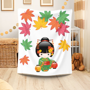 Fall Kokeshi Doll - Green Kimono Geisha Girl Fleece Blanket