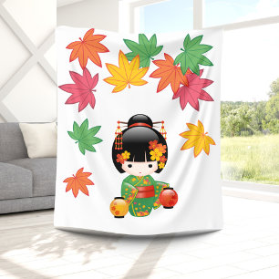 Fall Kokeshi Doll - Green Kimono Geisha Girl Fleece Blanket