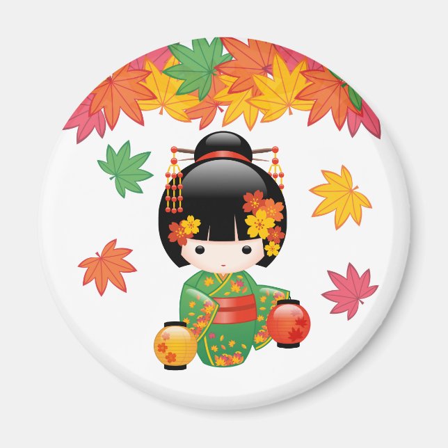 Fall Kokeshi Doll - Green Kimono Geisha Girl Magnet (Front)