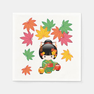 Fall Kokeshi Doll - Green Kimono Geisha Girl Napkin