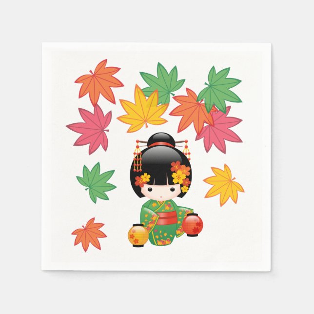 Fall Kokeshi Doll - Green Kimono Geisha Girl Napkin (Front)