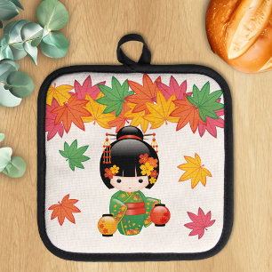 Fall Kokeshi Doll - Green Kimono Geisha Girl Pot Holder