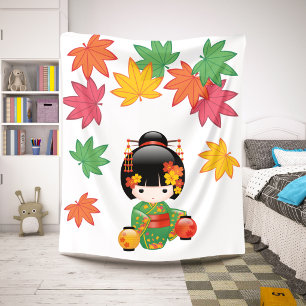 Fall Kokeshi Doll - Green Kimono Geisha Girl Sherpa Blanket