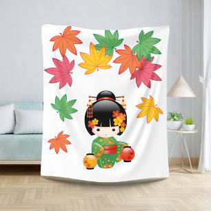 Fall Kokeshi Doll - Green Kimono Geisha Girl Sherpa Blanket