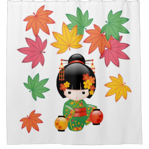 Fall Kokeshi Doll Green Kimono Geisha Girl Shower Curtain