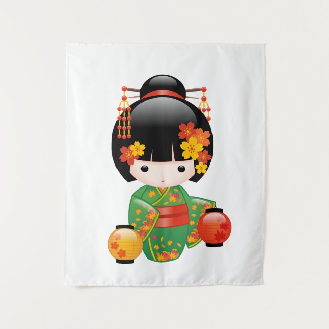 Fall Kokeshi Doll - Green Kimono Geisha Girl Tapestry (Front)