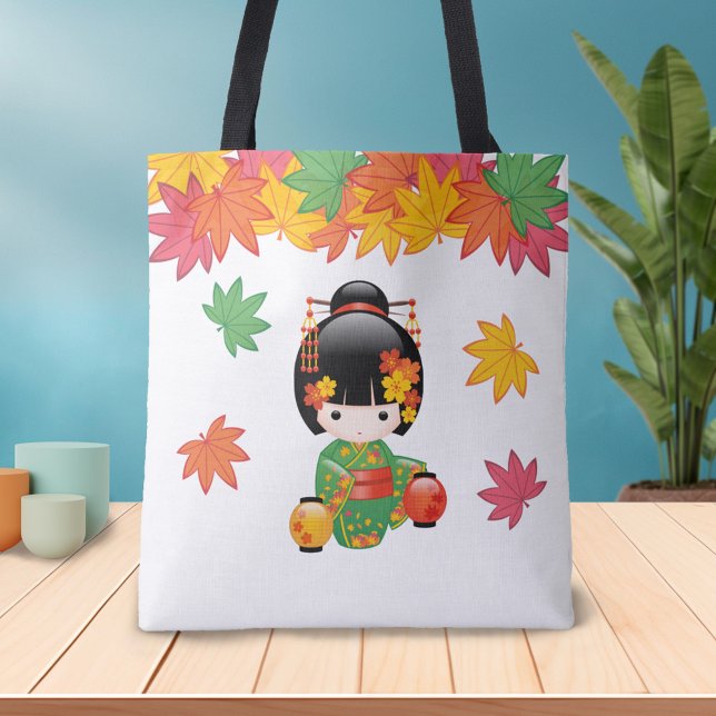 Fall Kokeshi Doll - Green Kimono Geisha Girl Tote Bag (Creator Uploaded)