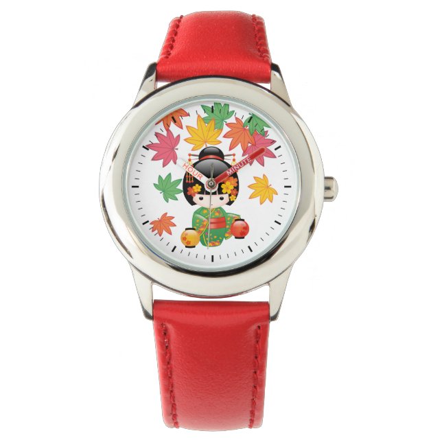 Fall Kokeshi Doll - Green Kimono Geisha Girl Watch (Front)