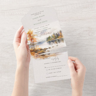 Fall lake and forest All in One Wedding Invite