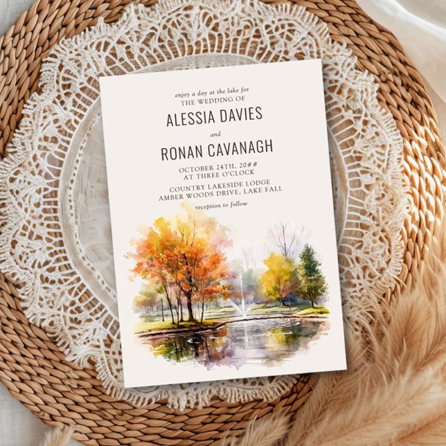 Fall Lake Watercolor Country Park Wedding Invitation (Fall Lake Wedding Invitation by Darling & May - buy digital download or order professional prints.)