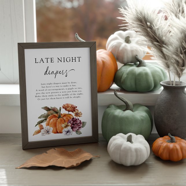 Fall Late Night Diaper Poster (Boho Late Night Diapers Game Sign Baby Shower Fall Pumpkins)