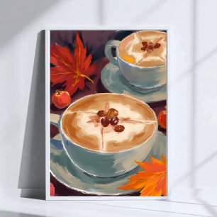 Fall Latte Date   Autumn Coffee Leaves Watercolor Poster