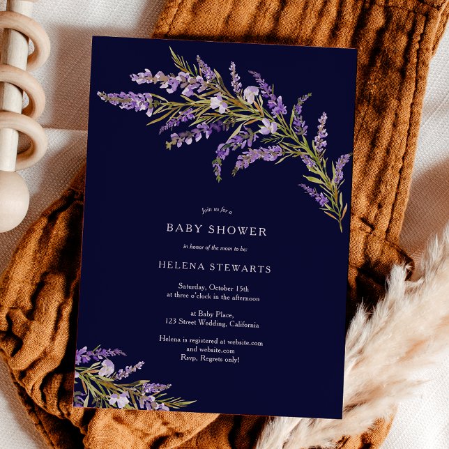 Fall lavender floral watercolor chic baby shower invitation (Fall lavender floral watercolor chic baby shower invitation on navy blue)