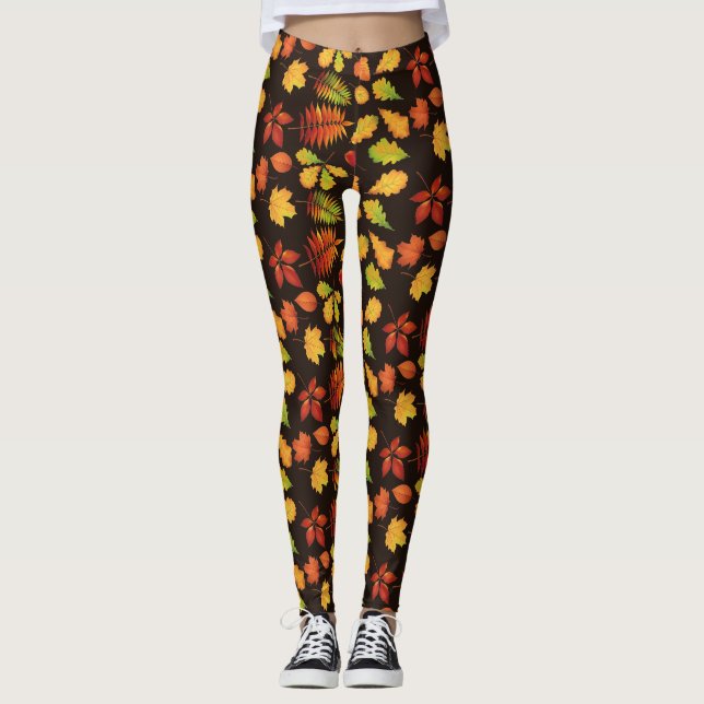 Fall Leaf Pattern on Brown Leggings (Front)