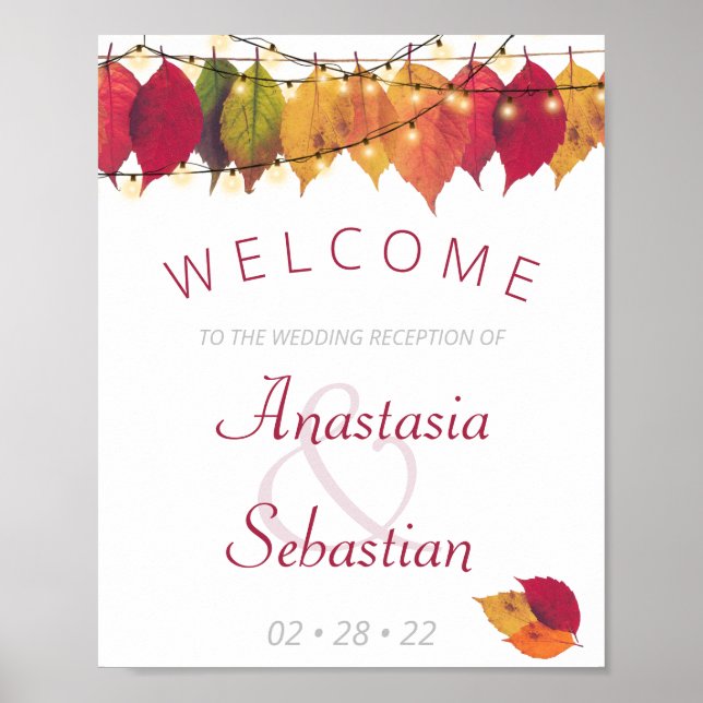 Fall Leaf  String Lights Wedding Reception Welcome Poster (Front)