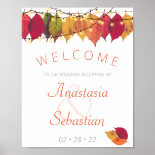 Fall Leaf  String Lights Wedding Reception Welcome Poster