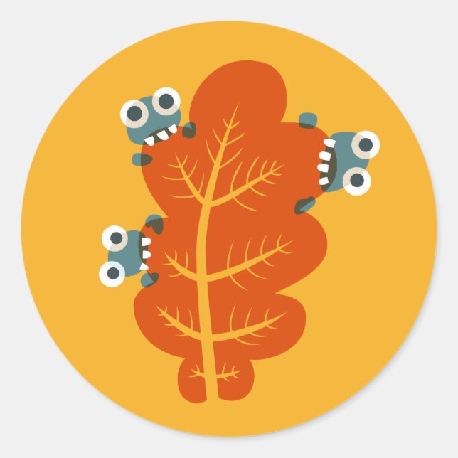 Fall Leaf With Funny And Cute Bugs - Yellow Orange Classic Round Sticker (Front)