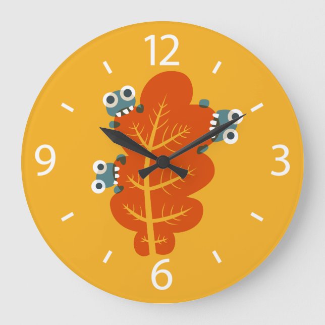Fall Leaf With Funny And Cute Bugs - Yellow Orange Large Clock (Front)