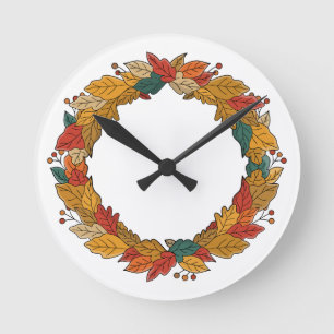 Fall Leaf Wreath Circle Round Clock