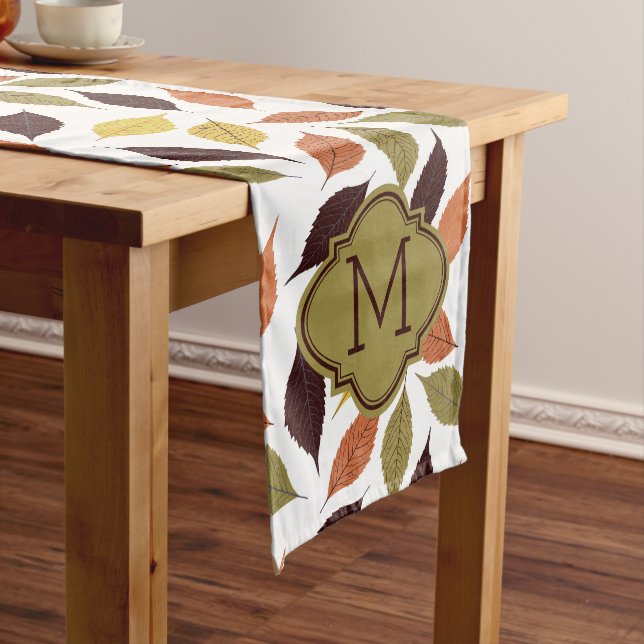 Fall Leafs Pattern Custom Monogram Medium Table Runner (In Situ)