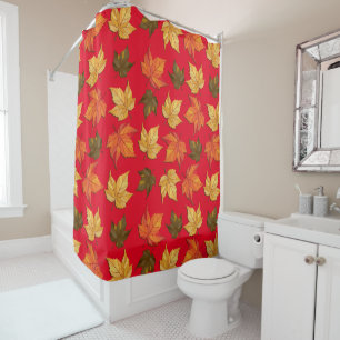 Fall Leafs Pattern On Red Background Shower Curtain