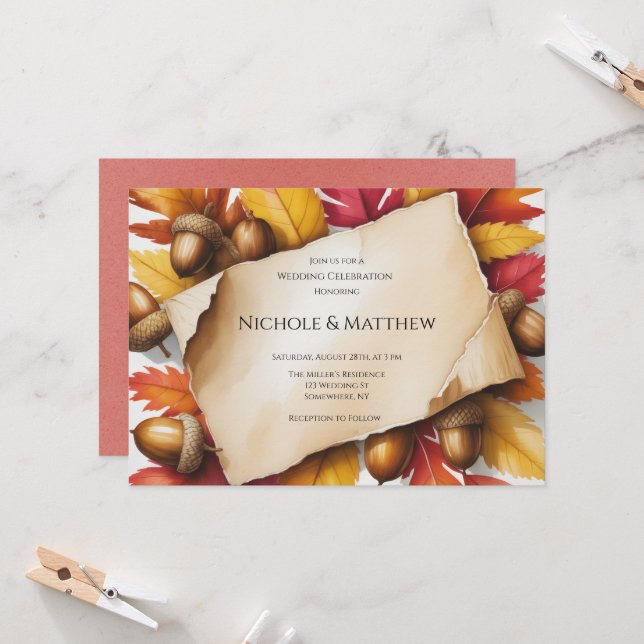 Fall Leaves & Acorns Rustic Wedding  Invitation (Front/Back In Situ)