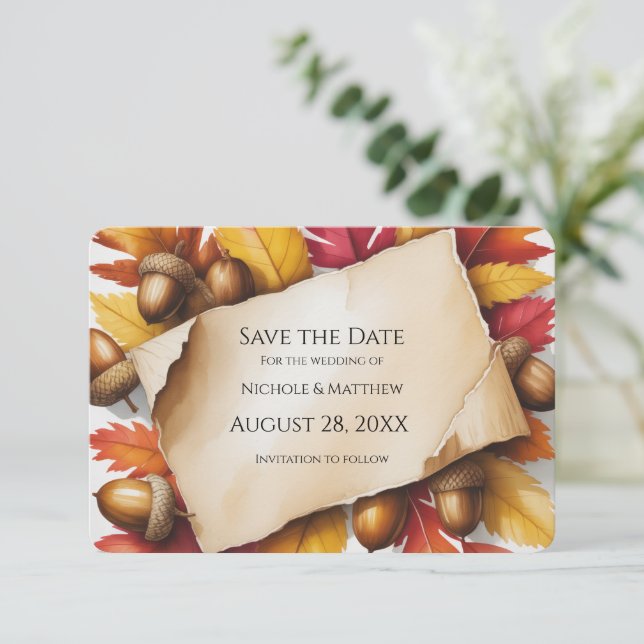 Fall Leaves & Acorns Rustic Wedding Save The Date (Standing Front)