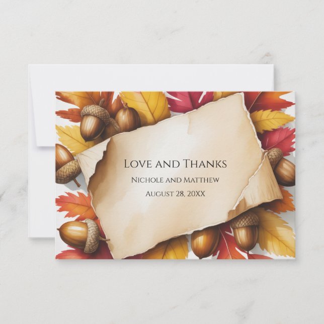 Fall Leaves & Acorns Rustic Wedding Thank You Card (Front)