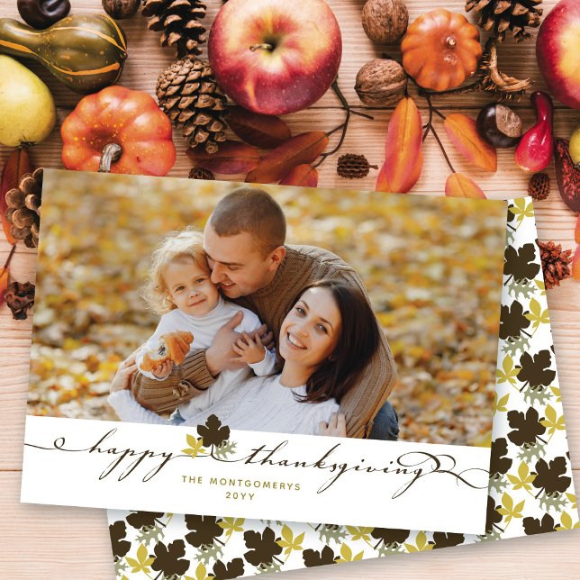 Fall Leaves And Flourish Happy Thanksgiving Photo Holiday Card (Creator Uploaded)