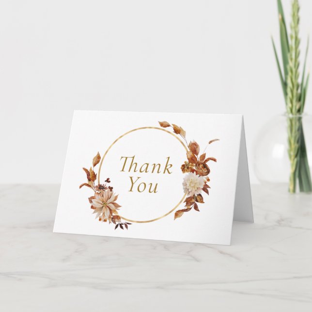 Fall Leaves and Flowers Gold Round Wreath Thank You Card (Front)