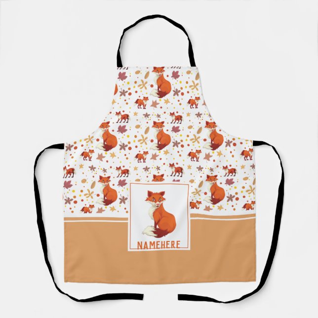 Fall Leaves and Fox Pattern Custom Name Apron (Front)