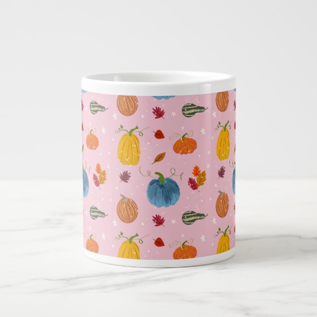  Fall Leaves and Gourds on Pink Background Large Coffee Mug (Front)