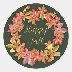 Fall leaves and ladybugs with customisable text classic round sticker