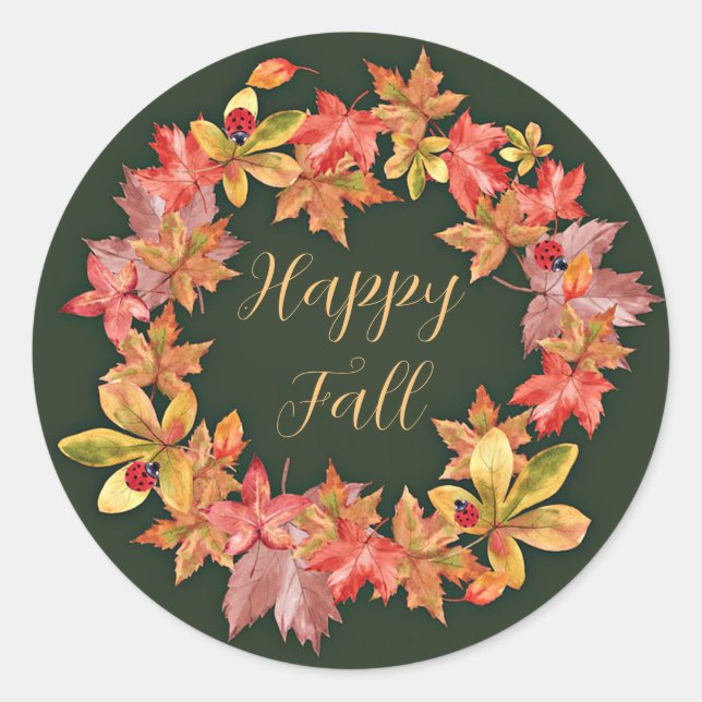 Fall leaves and ladybugs with customisable text classic round sticker (Front)