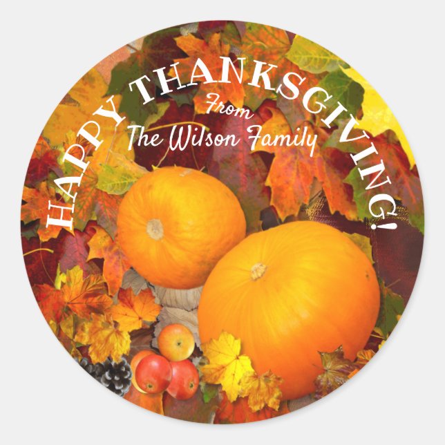 Fall leaves and  pumpkins Happy Thanksgiving Class Classic Round Sticker (Front)