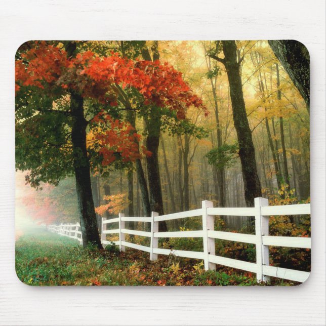 Fall Leaves and Trees White Picket Fence Mouse Pad (Front)