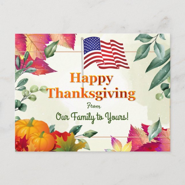 Fall Leaves and US Flag Family Thanksgiving Holiday Postcard (Front)