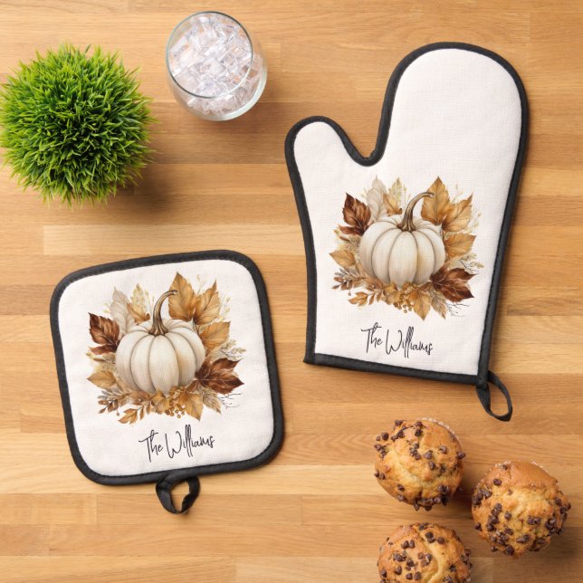 Fall Leaves and White Pumpkin Oven Mitt & Pot Holder Set (Top Down)